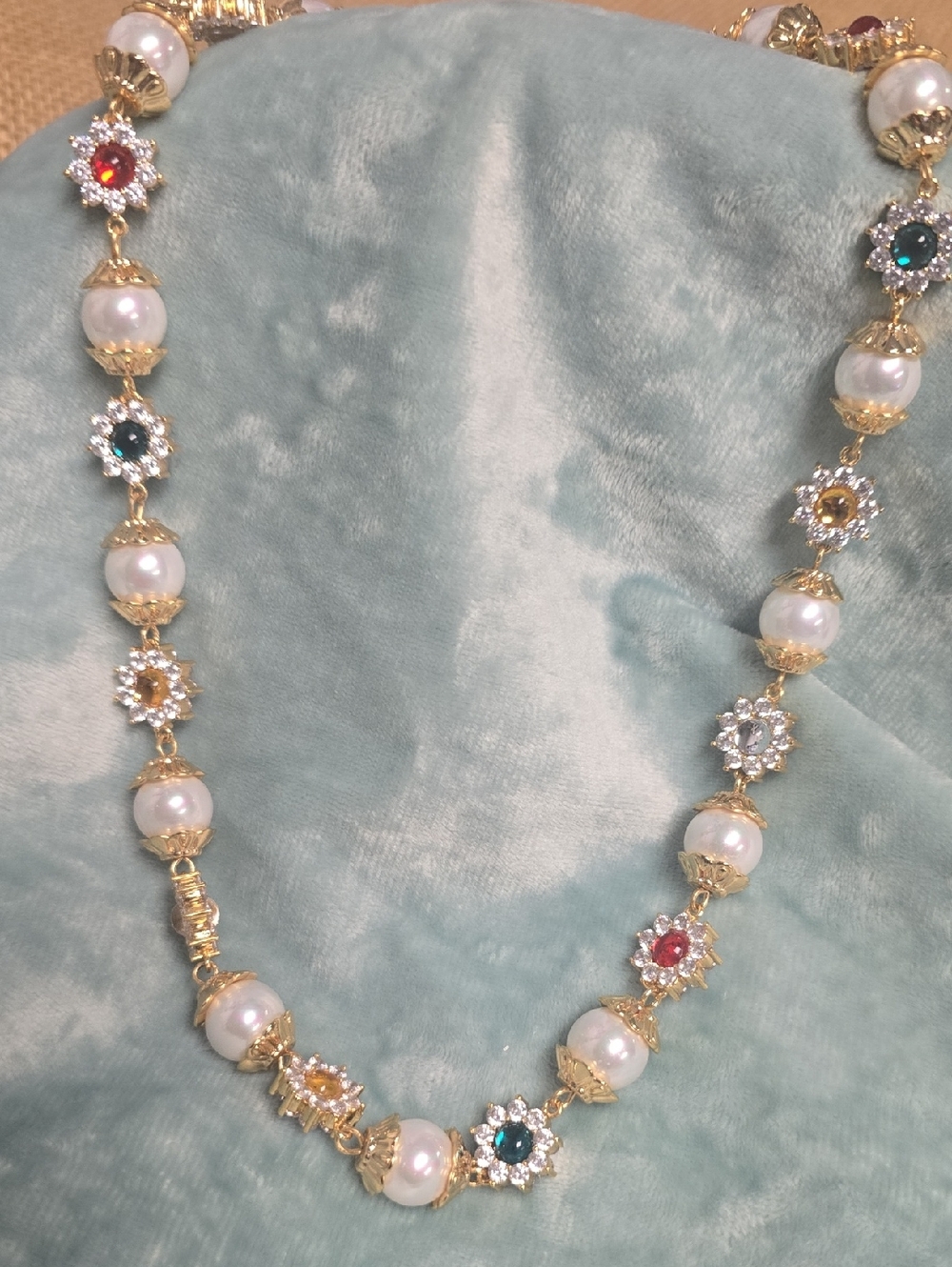 Gold-Tone Glass Pearl Necklace with Multicolor Floral Accents